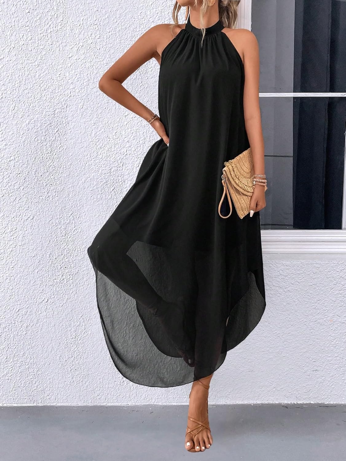 Verdusa Women’s Fall Formal Wedding Guest Dress Halter Flowy Sleeveless Asymmetrical Boho Maxi Dress