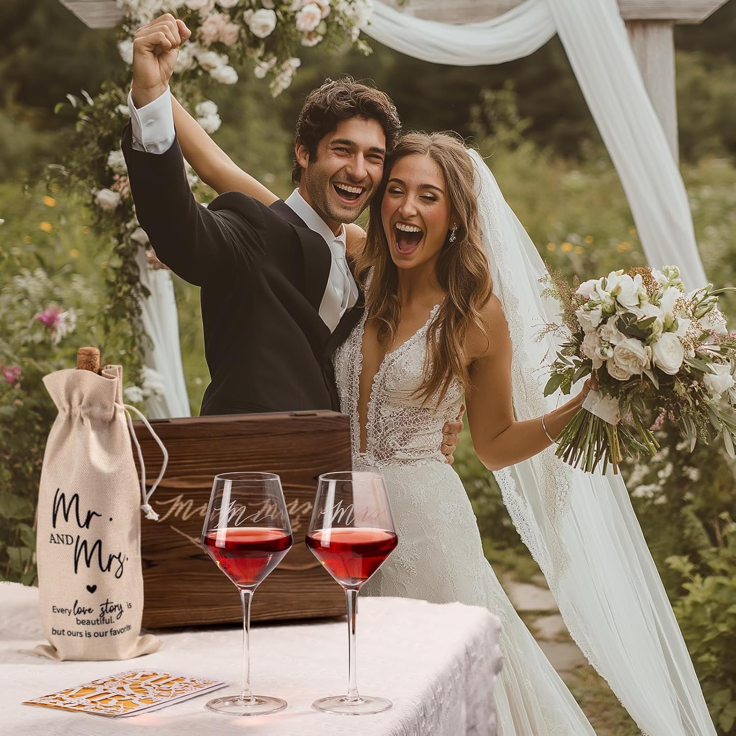 Wedding Gifts Mr and Mrs Wine Glasses, Bridal Shower Engagement Gifts for Couples,Wedding Glasses for Bride and Groom, Memory Keepsake Box, Wine Bag, Greeting Card