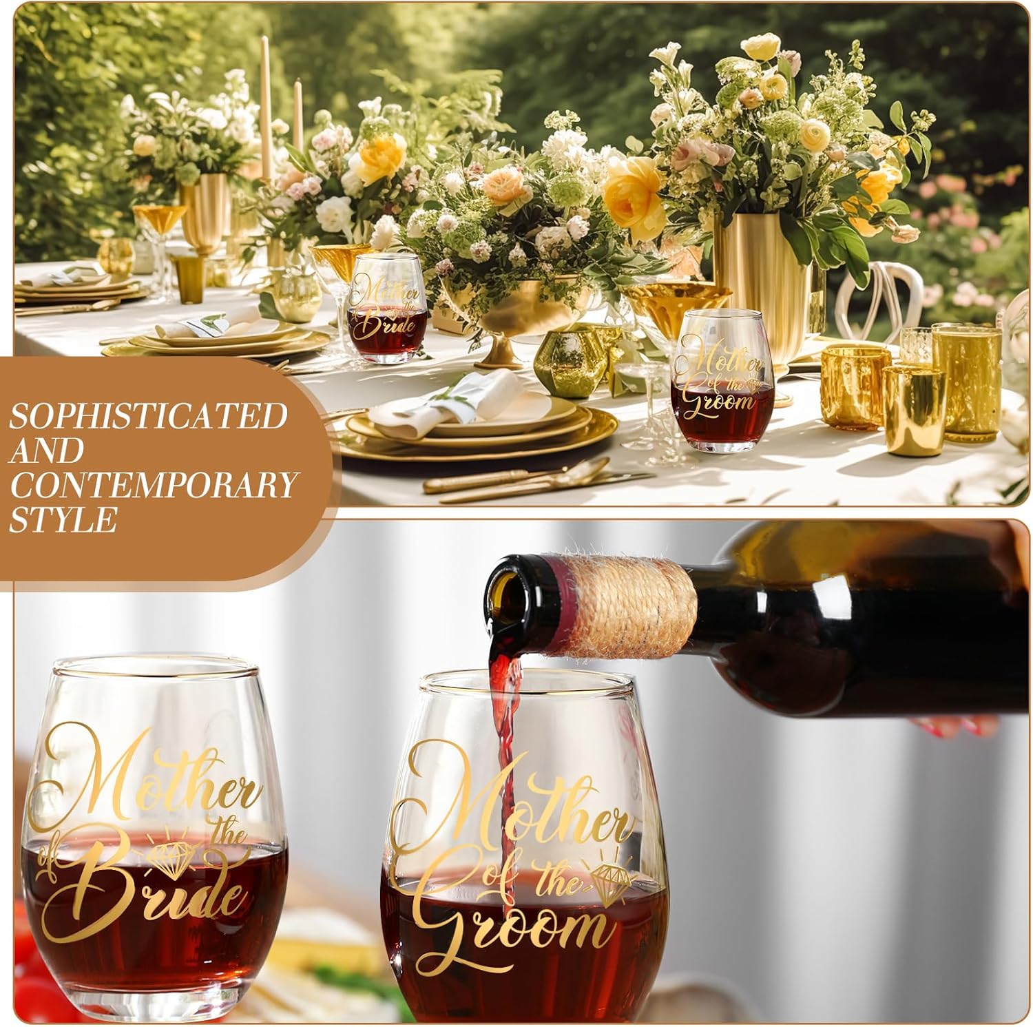 2 Pcs Mother of the Bride and Groom Gifts Wine Glasses Drink Cup 15 Ounce Stemless Wedding Toasting Glass Tumbler Wedding Proposal Gift for Mother(Gold)