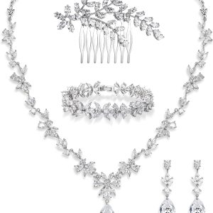 Crysdue Wedding Jewelry Set for Women, Floral Leaf Vine Teardrop Necklace Dangle Earrings Bracelet and Hair Comb, Cubic Zirconia Elegant Party Prom Jewellery for Bridal Bridesmaid