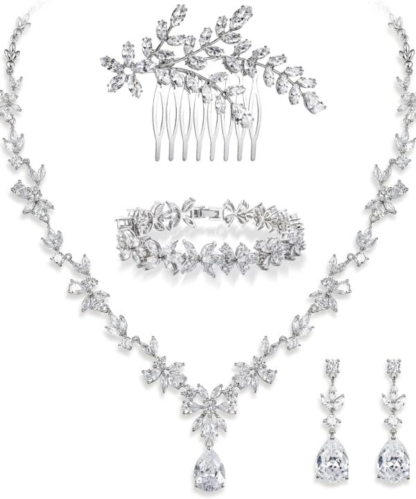 Crysdue Wedding Jewelry Set for Women, Floral Leaf Vine Teardrop Necklace Dangle Earrings Bracelet and Hair Comb, Cubic Zirconia Elegant Party Prom Jewellery for Bridal Bridesmaid