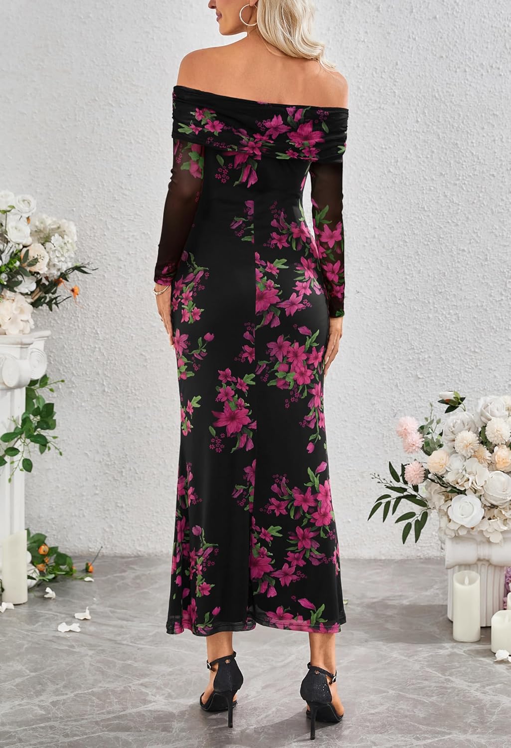 MEROKEETY Women’s Fall Off Shoulder Floral Maxi Dresses Formal Long Sleeve Bodycon Cocktail Wedding Guest Dress