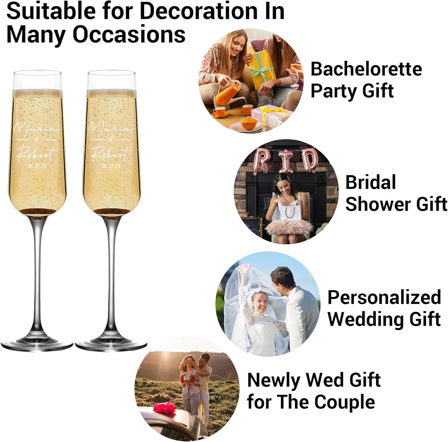 Personalized Wedding Champagne Flutes, Mr and Mrs Toasting Glasses for Bride and Groom, Engraved Name & Date, Customized Gifts for Couples, Husband and Wife, Newlyweds, Engagement, Wedding Favors