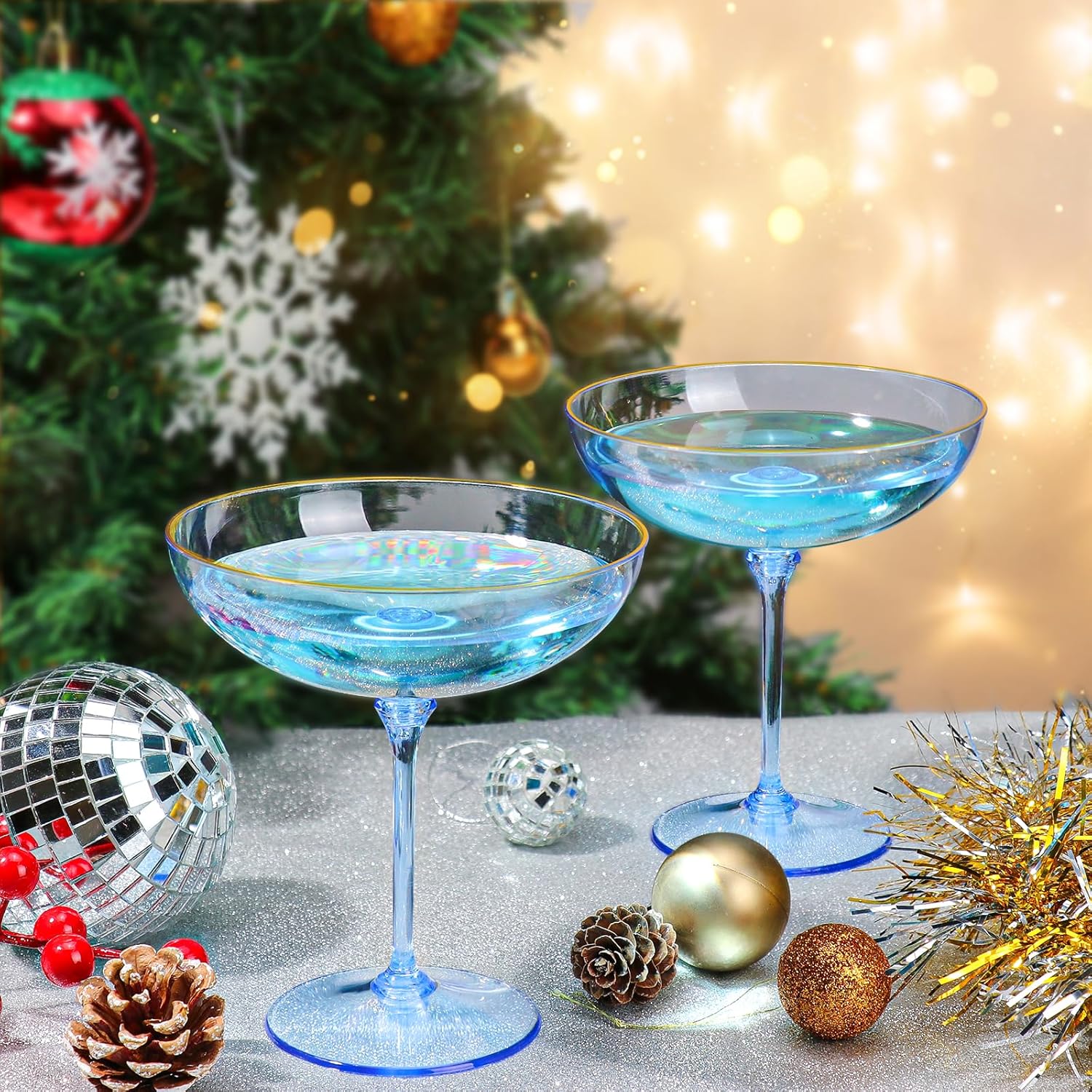 Detachable Martini Glasses 9oz Plastic Blue Champagne Coupe Glasses Gold Rim Hand Blown Vintage Cocktail Glassware Set Unique Martini Glass For Wine Wedding (24, Clear Blue)
