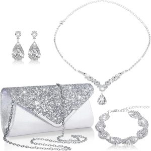 Tiamon 4 Pcs Women Rhinestone Jewelry Set Silver Accessories for Evening Wedding Party Christmas Gift