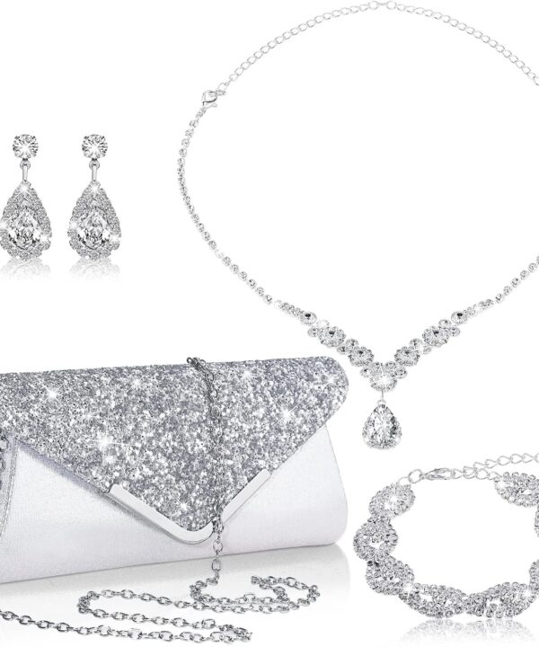 Tiamon 4 Pcs Women Rhinestone Jewelry Set Silver Accessories for Evening Wedding Party Christmas Gift