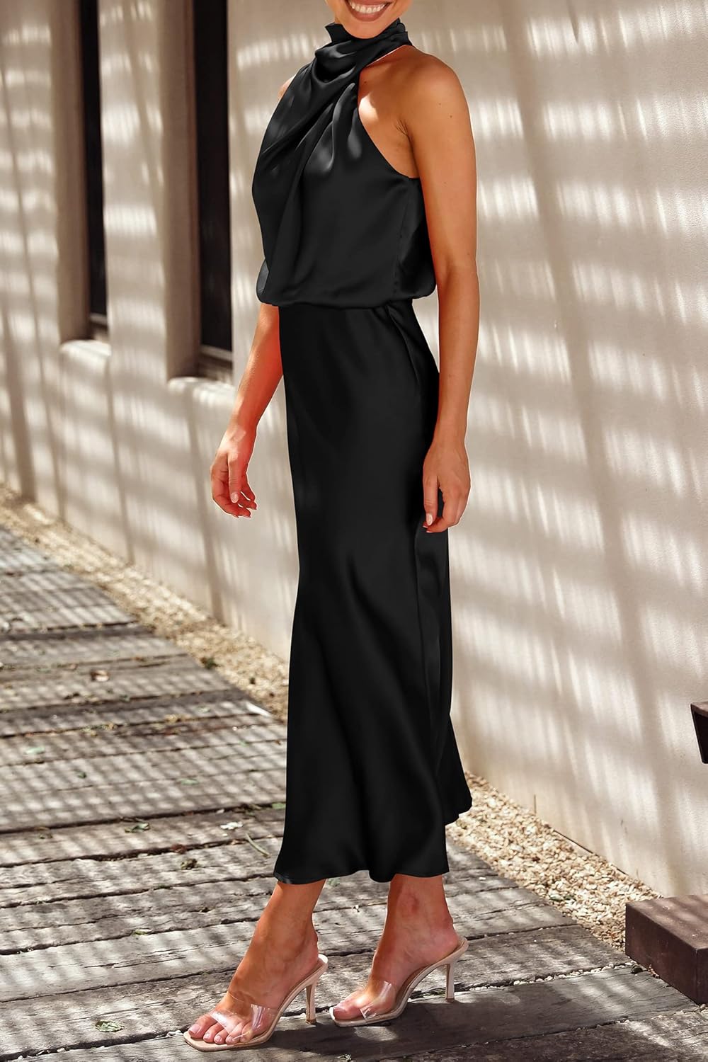 PRETTYGARDEN Women’s 2025 Summer Satin Dress Elegant Sleeveless Mock Neck Cocktail Party Maxi Dresses