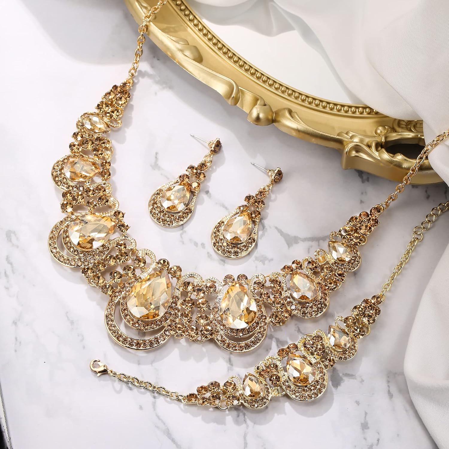 BriLove Women’s Teardrop Crystal Statement Necklace Cluster Hollow Dangle Earrings Chain Bracelet Bib Jewellery Set for Wedding Bride Bridesmaid