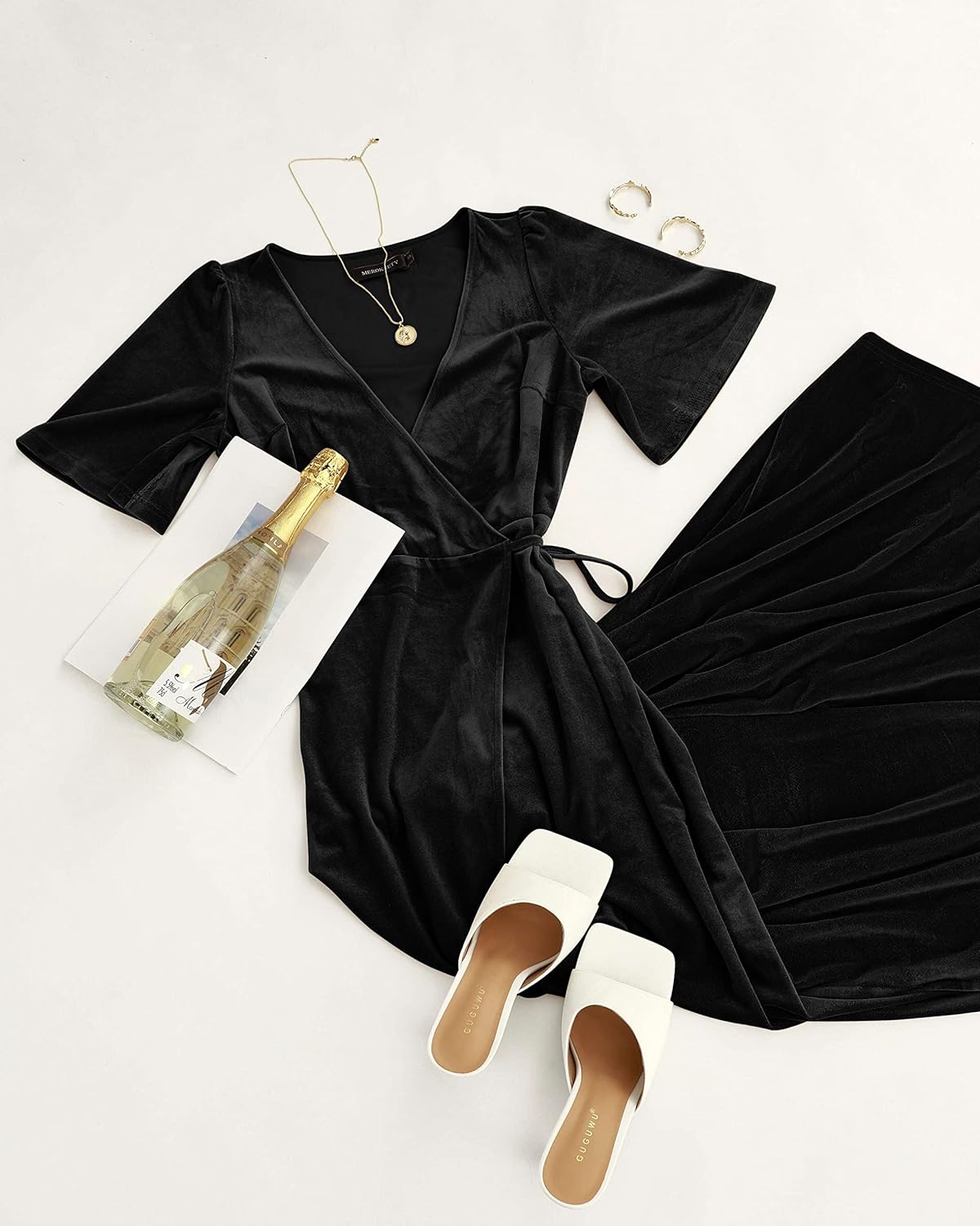 MEROKEETY Women’s V Neck Wrap Velvet Maxi Wedding Guest Dress Bell Sleeve Split Bridesmaid Cocktail Party Formal Dresses