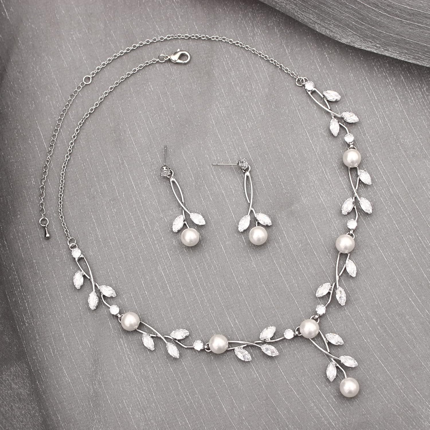 Luxury Cubic Zirconia Aurtrian Crystal Pearl Floral Necklace Dangle Earrings Wedding Bridal Jewelry Set Birthday Gifts for Her