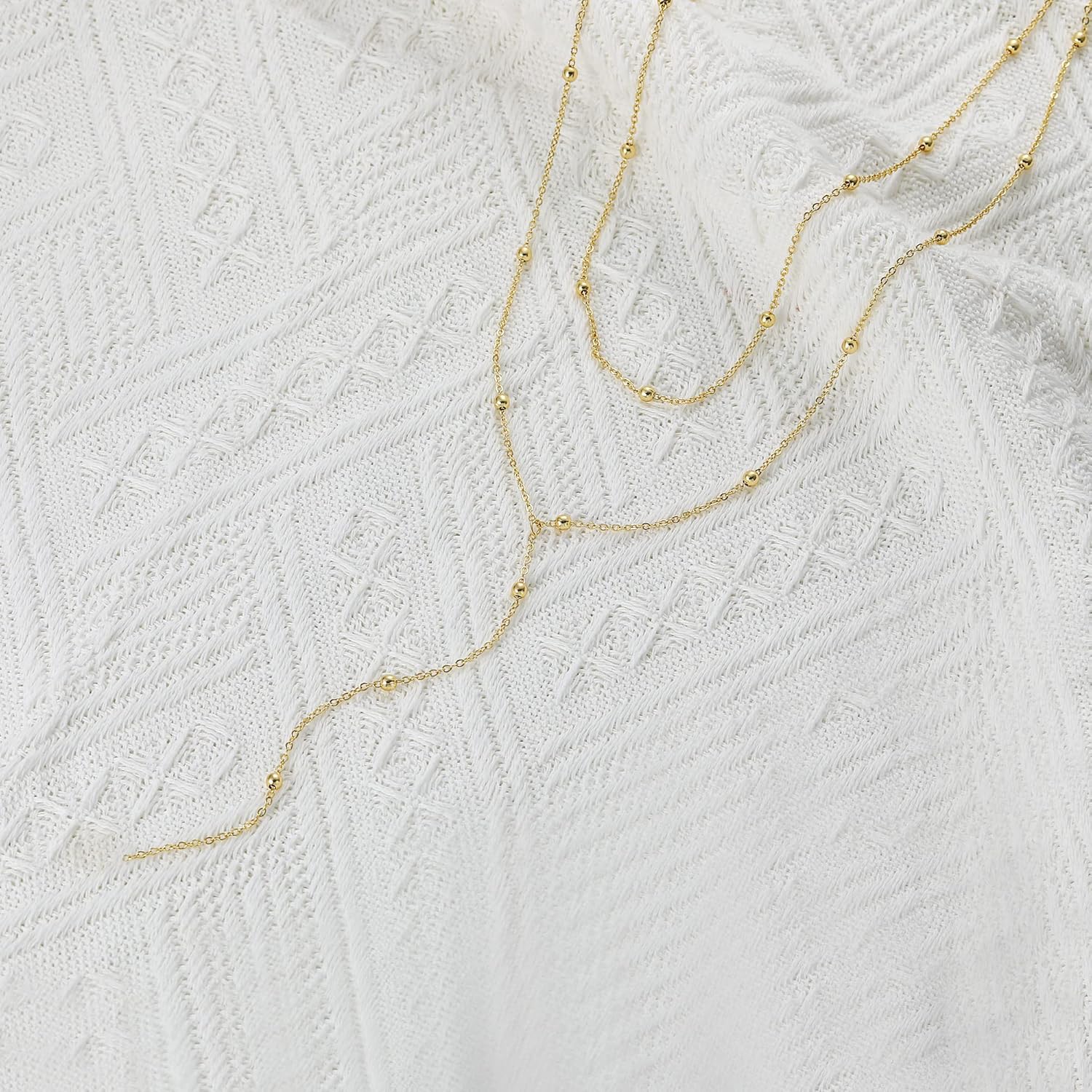 Foxgirl Lariat Gold Necklace for Women, Dainty Long Necklace 14k Gold Plated/Silver Y-Shaped Pendant Necklace Trendy Layered Cz Beaded Chain Drop Necklaces Simple Gold Jewelry For Women Gift