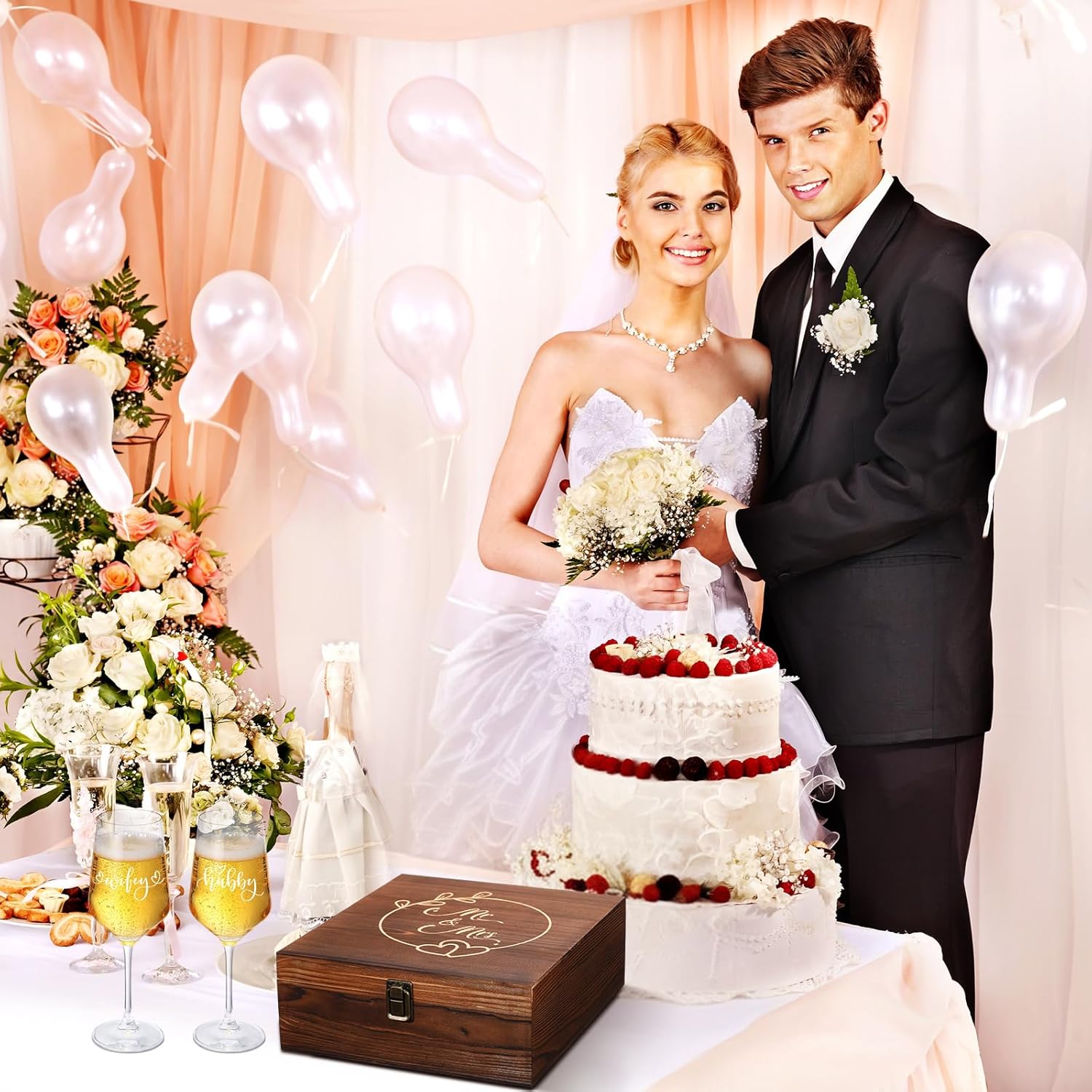 LemonRoad Wedding Gift Newlyweds Champagne Flute Set of 2 Bridal Shower Champagne Glasses Wine Opener Wine Stopper with Engraved Wooden Keepsake Box Engagement Gift for Couples (Hubby & Wifey)