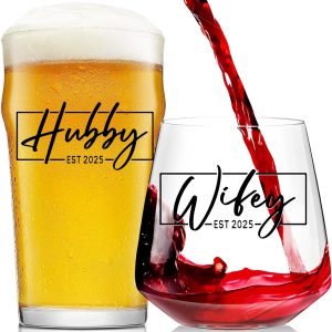 2025 Wedding Gifts for Couples - Engaged Gift & Bridal Shower Gifts for Bride, Hubby & Wifey Drink Glasses gifts for Him/Her, Mr and Mrs Couples present for Bride and Groom