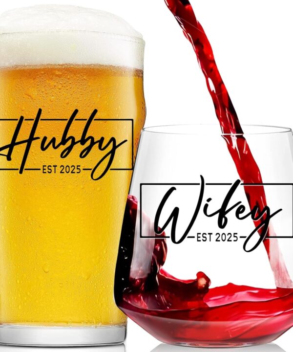 2025 Wedding Gifts for Couples - Engaged Gift & Bridal Shower Gifts for Bride, Hubby & Wifey Drink Glasses gifts for Him/Her, Mr and Mrs Couples present for Bride and Groom