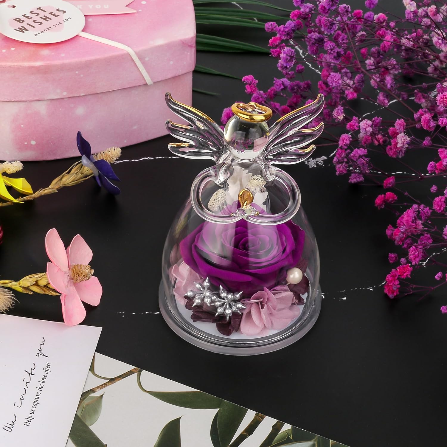 Preserved Flowers Rose in Glass Angel Figurines,Birthday Gifts for Women,Christmas Rose Gifts for Her Women Mom,Valentines Present,Purple Flowers for Grandma Wife Girlfriend