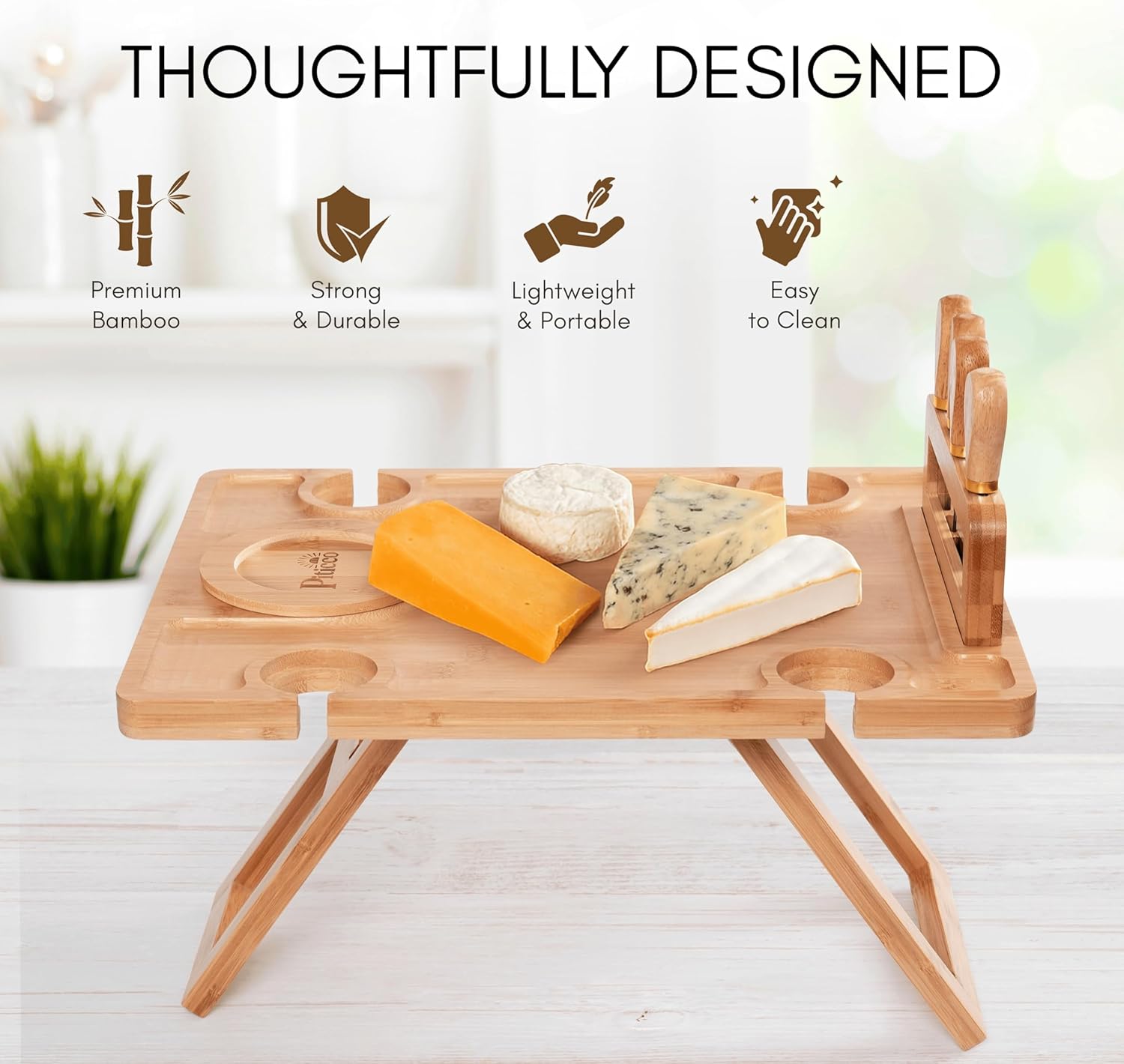 Charcuterie Picnic Table, Portable Wine Charcuterie Table, Outdoor Portable Wine Table, Cheese Lover Gift, Includes 4 Cheese Knives (Gold) and Detachable Cheese Knife Stand