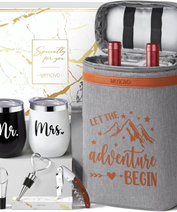 Wedding Gifts for Couples, Mr and Mrs Wine Tumblers Gifts - Engagement, Bridal Shower, Newlywed, His & Hers, Valentines Day, House Warming-Insulated Wine Cooler Tote Bag w/ Wines Accessories Gift Set