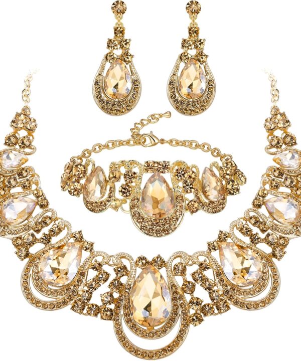 BriLove Women's Teardrop Crystal Statement Necklace Cluster Hollow Dangle Earrings Chain Bracelet Bib Jewellery Set for Wedding Bride Bridesmaid