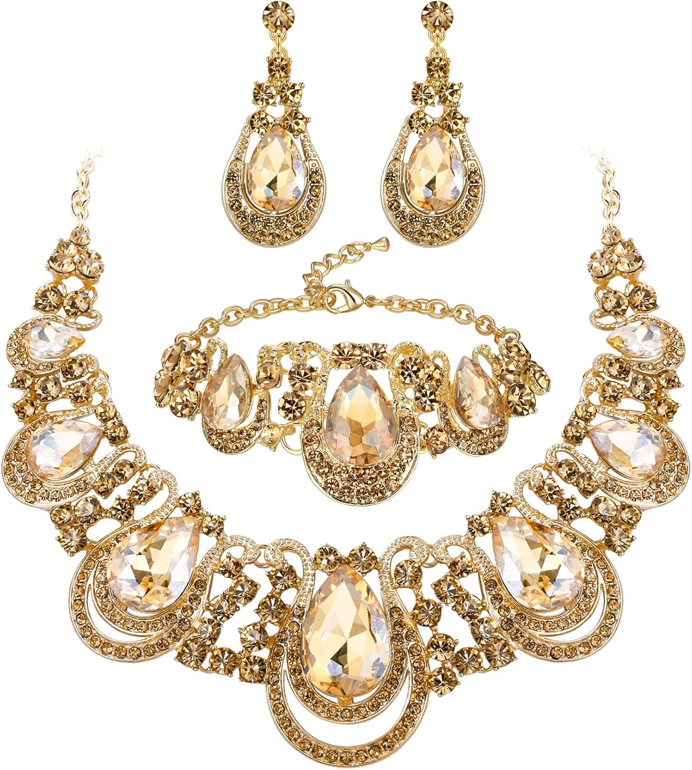 BriLove Women's Teardrop Crystal Statement Necklace Cluster Hollow Dangle Earrings Chain Bracelet Bib Jewellery Set for Wedding Bride Bridesmaid