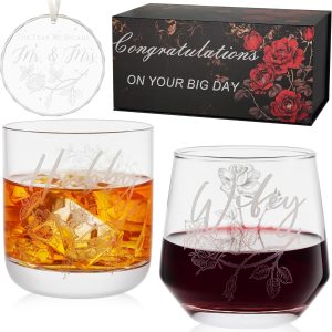 Laser engraving Wedding Gifts for Couples His and Hers Whiskey & Wine Glasses with Glass Ornament | Perfect Bridal Shower, Engagement Gifts for Hubby and Wifey