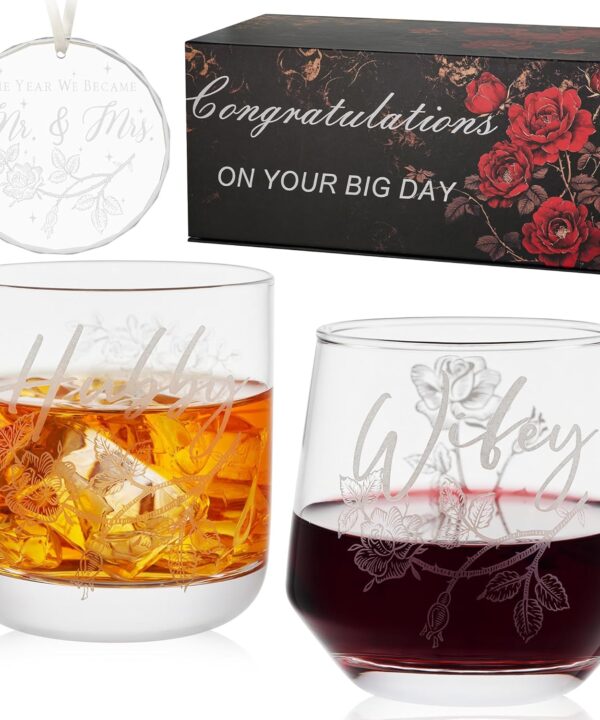 Laser engraving Wedding Gifts for Couples  His and Hers Whiskey & Wine Glasses with Glass Ornament | Perfect Bridal Shower, Engagement Gifts for Hubby and Wifey