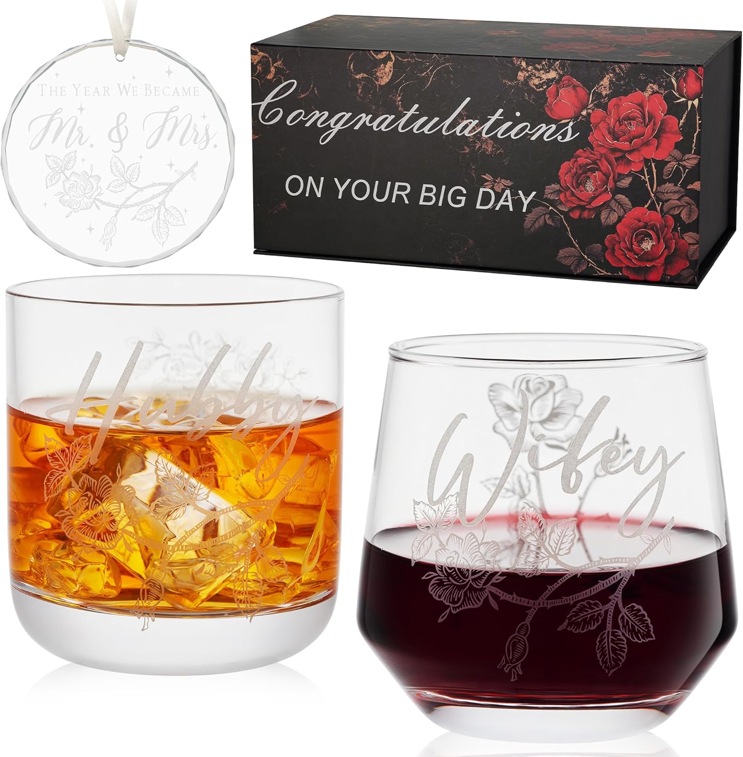 Laser engraving Wedding Gifts for Couples His and Hers Whiskey & Wine Glasses with Glass Ornament | Perfect Bridal Shower, Engagement Gifts for Hubby and Wifey