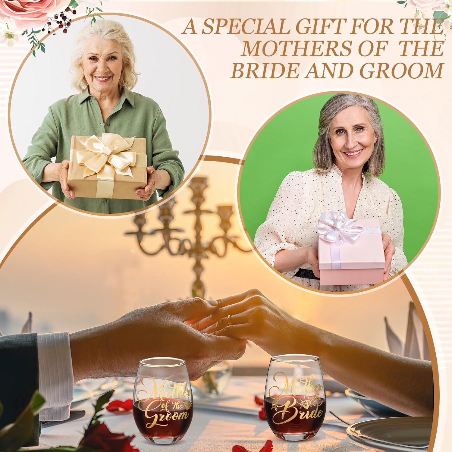 2 Pcs Mother of the Bride and Groom Gifts Wine Glasses Drink Cup 15 Ounce Stemless Wedding Toasting Glass Tumbler Wedding Proposal Gift for Mother(Gold)