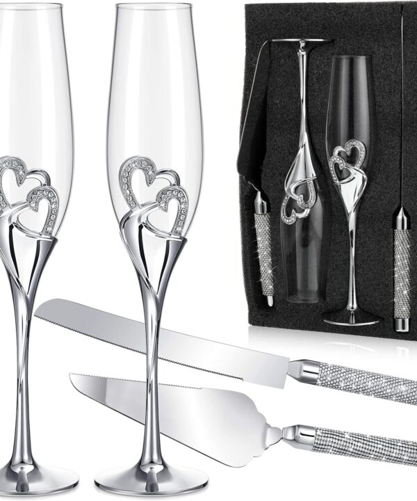 Zhehao Wedding Champagne Flutes and Cake Knife Server Set Toasting Glasses Toasting Champagne Flutes with Rhinestone Rimmed Hearts Decoration Couple Cake Cutting Set for Wedding Anniversary (Silver)