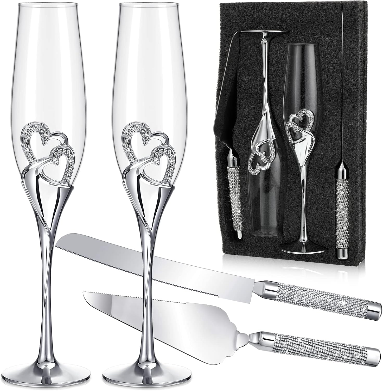 Zhehao Wedding Champagne Flutes and Cake Knife Server Set Toasting Glasses Toasting Champagne Flutes with Rhinestone Rimmed Hearts Decoration Couple Cake Cutting Set for Wedding Anniversary (Silver)