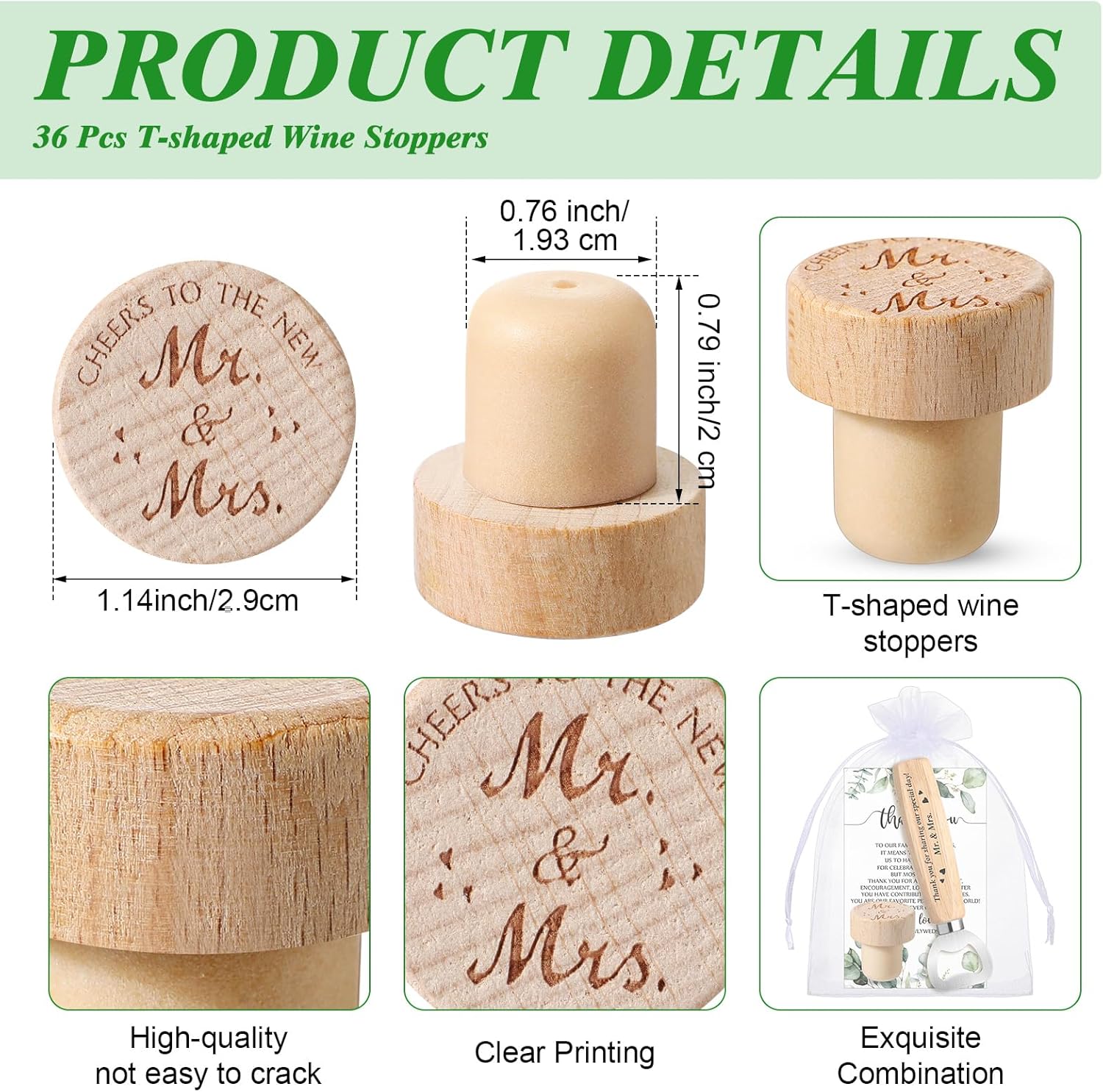 Barydat 36 Sets Wedding Favors for Guests Mr and Mrs Wooden Wine Stopper Cork Beer Bottle Opener with Thank You Gift Card Organza Bag Wedding Gifts for Engagement Bridal Shower Party Supplies