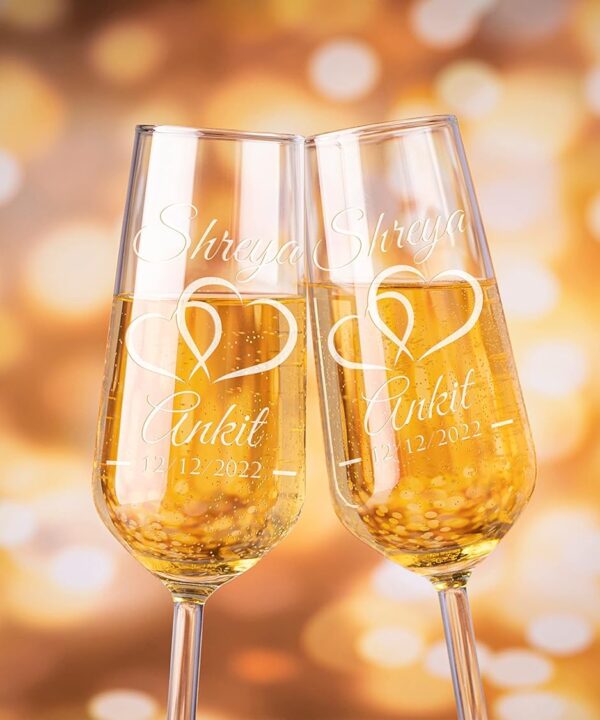 P Lab Set of 2, Bride Groom Names & Date Hearts, Personalized Wedding Toast Champagne Flute Set, Wedding Toasting Glasses - Etched Flutes for Bride & Groom Customized Wedding Gift #N9