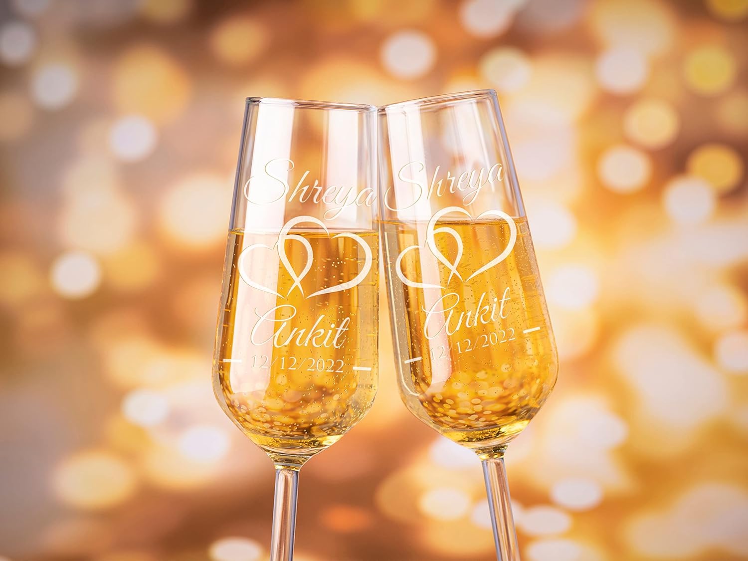 P Lab Set of 2, Bride Groom Names & Date Hearts, Personalized Wedding Toast Champagne Flute Set, Wedding Toasting Glasses - Etched Flutes for Bride & Groom Customized Wedding Gift #N9