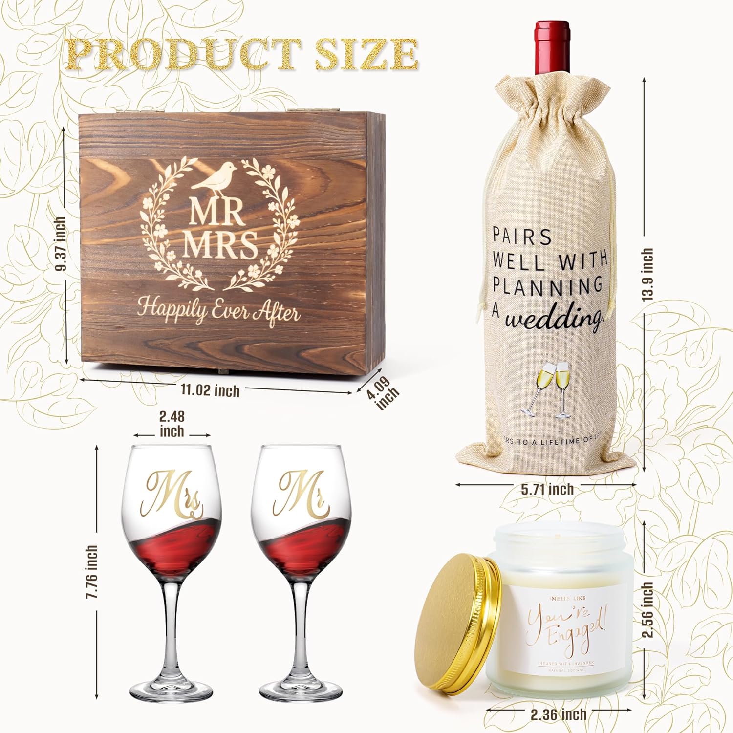 Mr and Mrs Engagement Gifts for Couples, Bridal Shower Gift, Wedding Gifts for Newlywed – Wine Glasses Set of 2, Wine Stopper and Opener, Wine Bag, Scented Candle, Engraved Wooden Keepsake Box