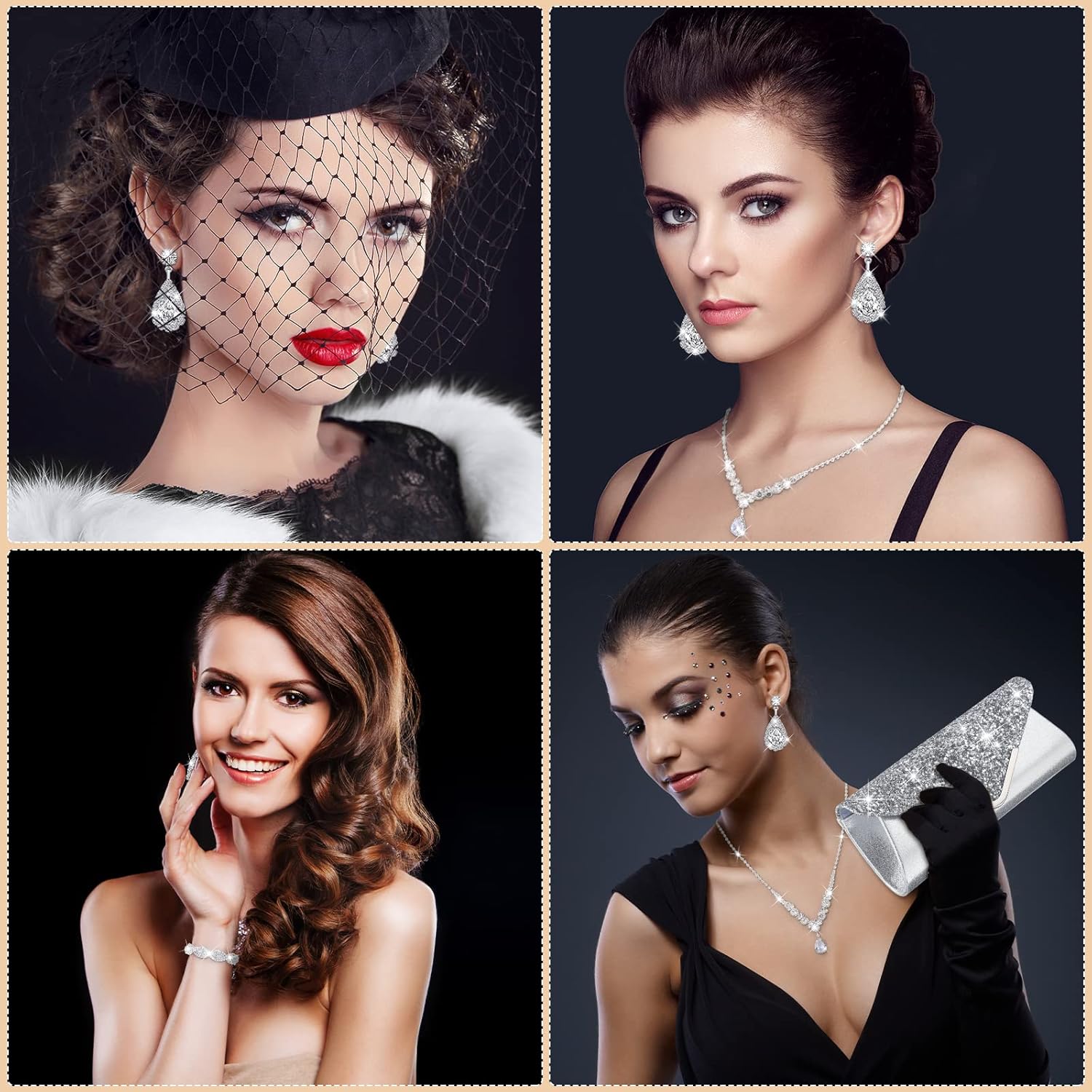 Tiamon 4 Pcs Women Rhinestone Jewelry Set Silver Accessories for Evening Wedding Party Christmas Gift