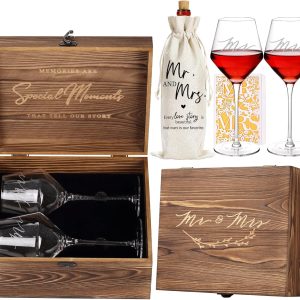 Wedding Gifts Mr and Mrs Wine Glasses, Bridal Shower Engagement Gifts for Couples,Wedding Glasses for Bride and Groom, Memory Keepsake Box, Wine Bag, Greeting Card