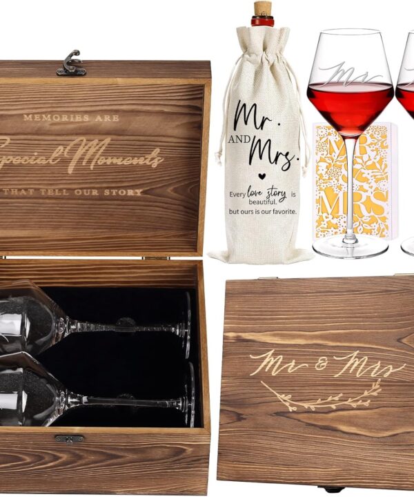 Wedding Gifts Mr and Mrs Wine Glasses, Bridal Shower Engagement Gifts for Couples,Wedding Glasses for Bride and Groom, Memory Keepsake Box, Wine Bag, Greeting Card