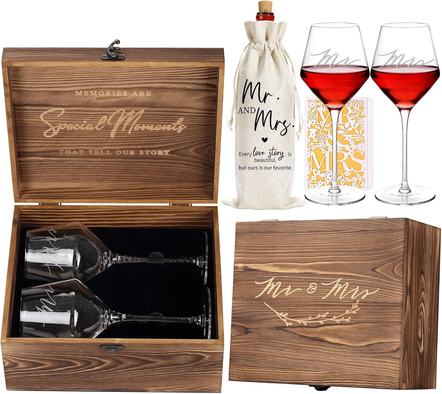 Wedding Gifts Mr and Mrs Wine Glasses, Bridal Shower Engagement Gifts for Couples,Wedding Glasses for Bride and Groom, Memory Keepsake Box, Wine Bag, Greeting Card