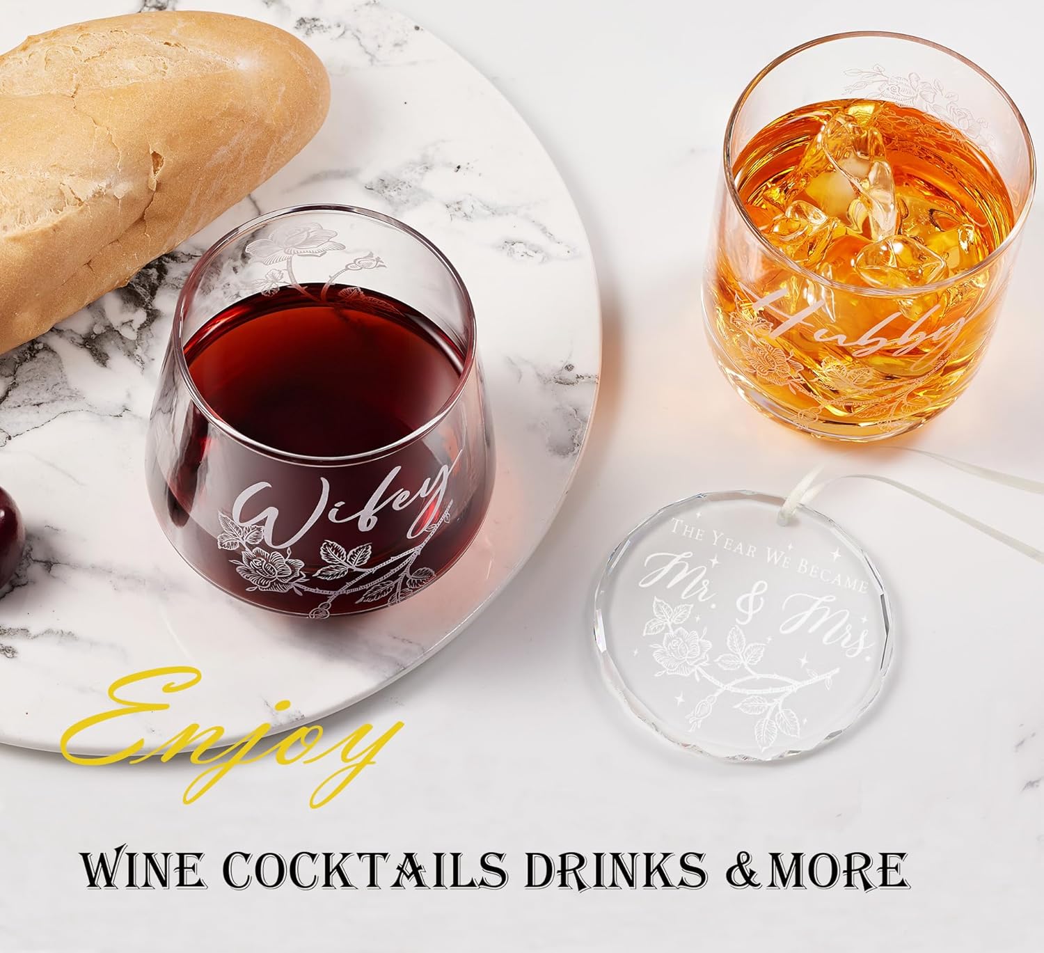 Laser engraving Wedding Gifts for Couples His and Hers Whiskey & Wine Glasses with Glass Ornament | Perfect Bridal Shower, Engagement Gifts for Hubby and Wifey