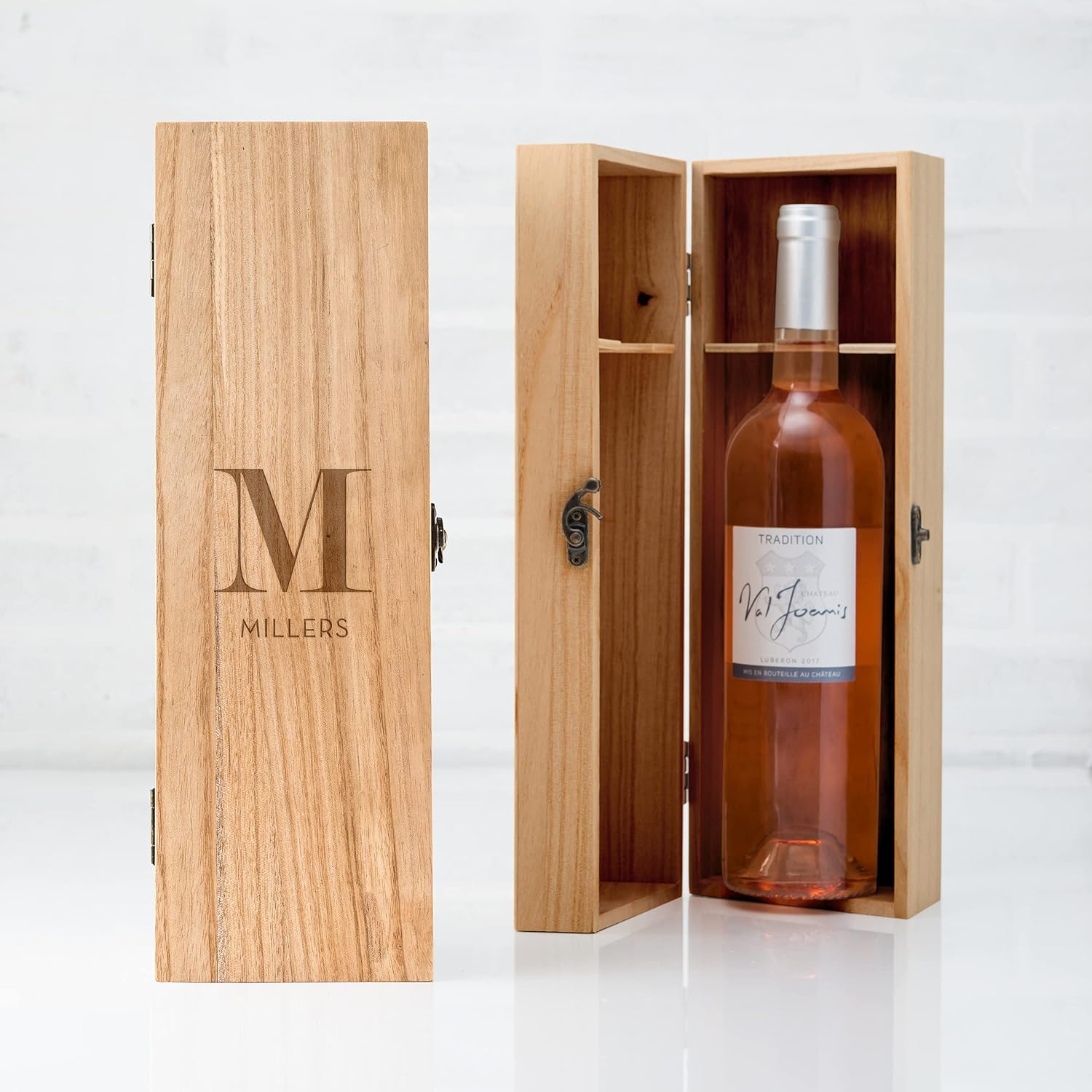 Weddingstar Custom Engraved Wooden Wine Gift Box with Lid – Modern Serif Monogram