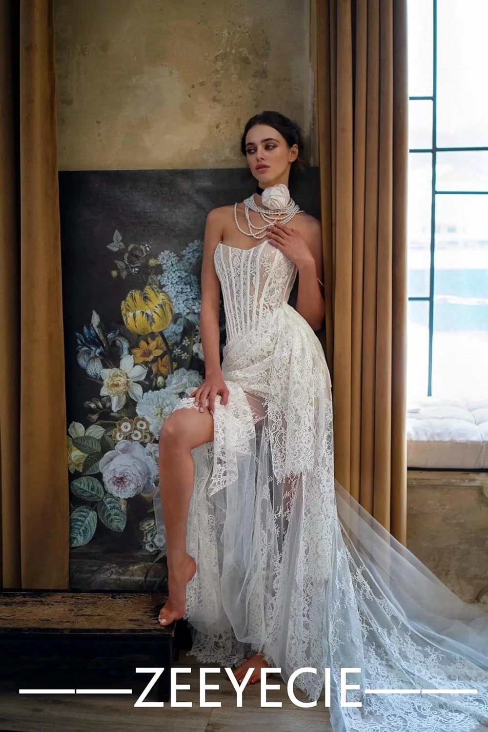 Zeeyecie Strapless Lace Applique Tulle Wedding Dresses 2025 Mermaid Bridal Gowns with Detachable Train for Brides