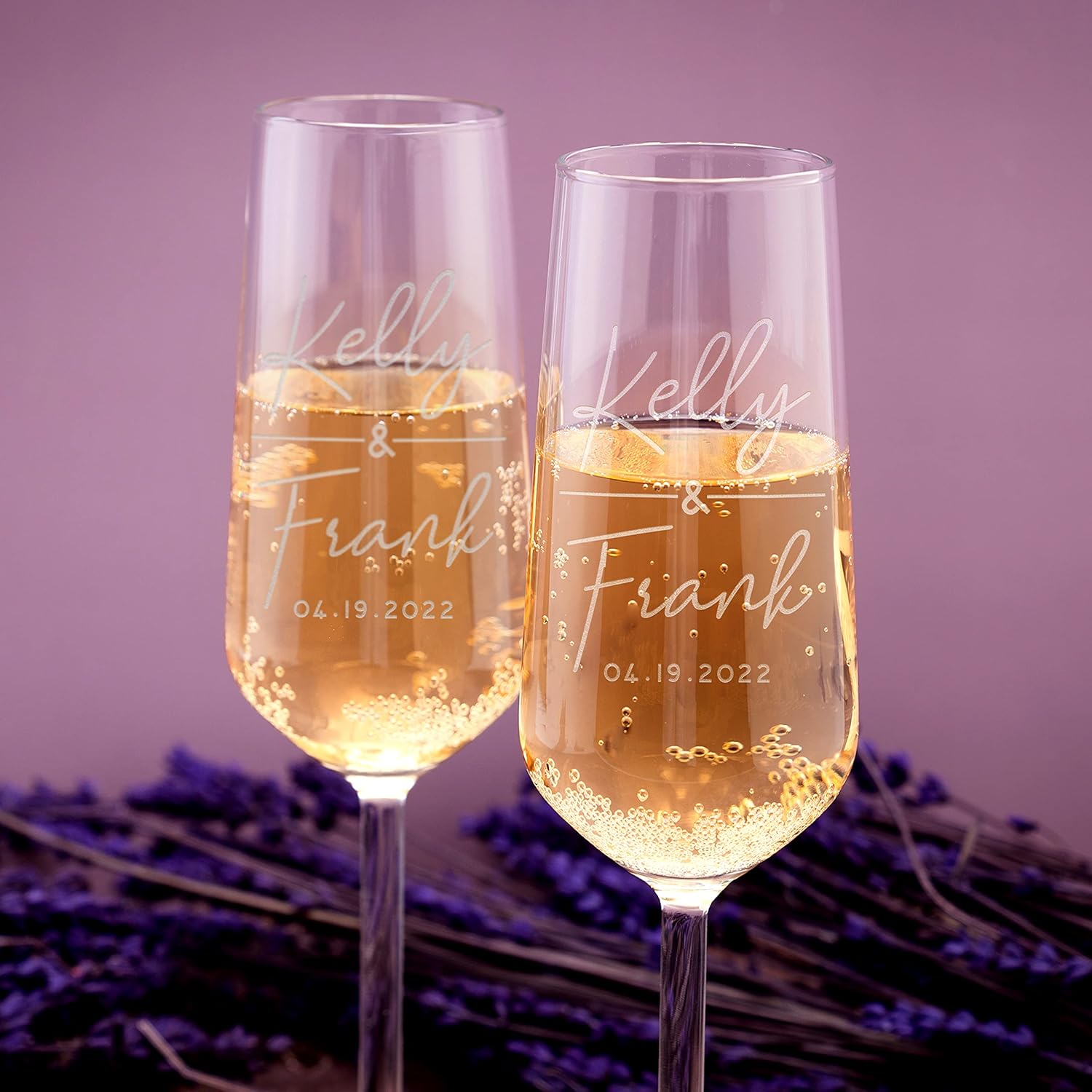 GIFTBYGIFTY Personalized Wedding Champagne Flutes for Bride and Groom – Set of 2, 7 oz, 2 Designs – Champagne Glasses for Engagement with Your Names and Date – D1
