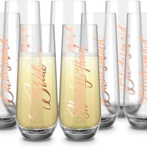Bridesmaid Wine Glasses, Kook Bachelorette Party Champagne Glasses, 9.4 Oz (Bridal Set of 8), Stemless Glass Champagne Flutes, Cocktail Cups for Rose, Great for Weddings and Parties, Dishwasher Safe