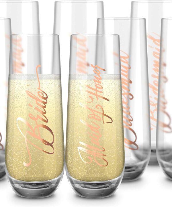 Bridesmaid Wine Glasses, Kook Bachelorette Party Champagne Glasses, 9.4 Oz (Bridal Set of 8), Stemless Glass Champagne Flutes, Cocktail Cups for Rose, Great for Weddings and Parties, Dishwasher Safe