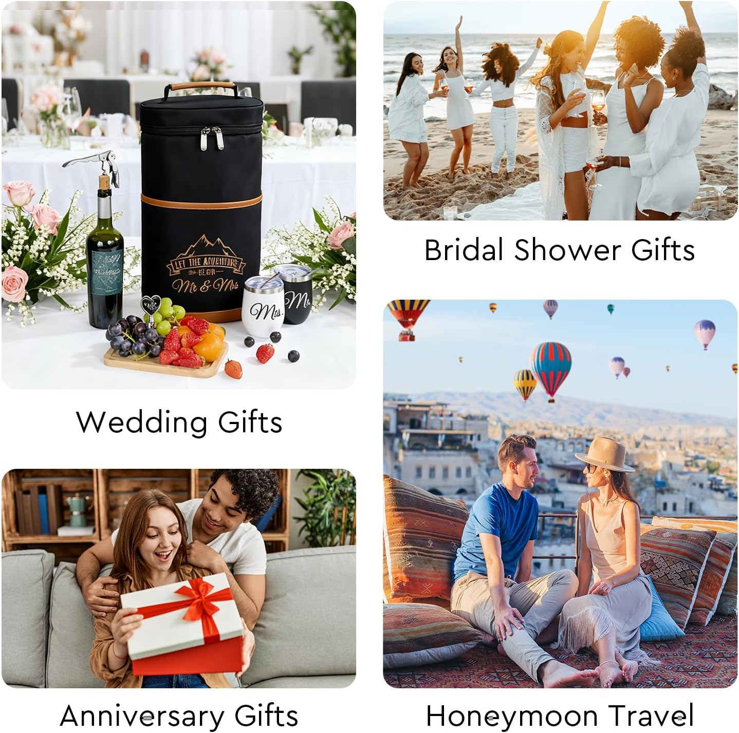AW BRIDAL Wedding Gifts for Bride Groom, Mr and Mrs Wine Gift Basket for Engagement Bachelorette Party, Anniversary Insulated Wine Cooler Bag Tumblers with Accessories Set for Honeymoon Beach Travel