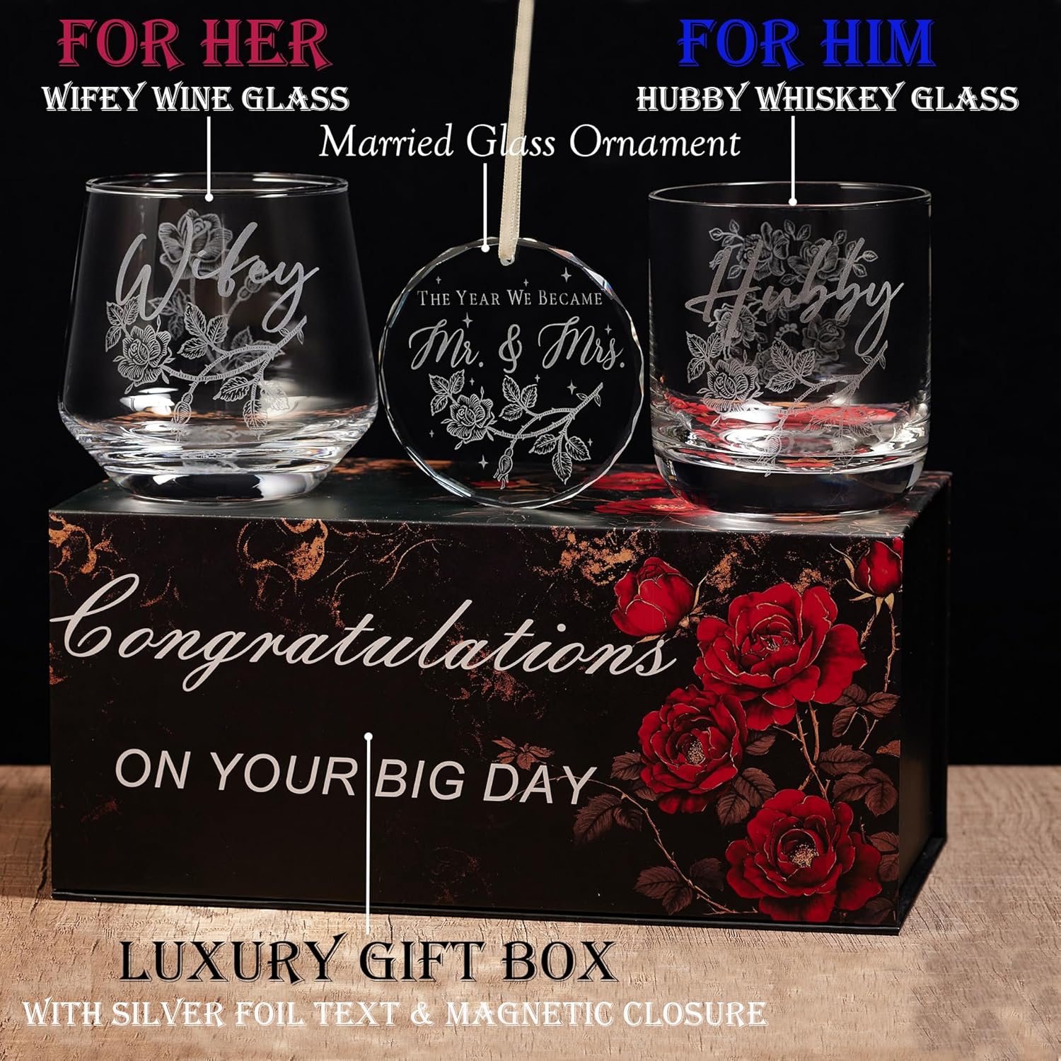 Laser engraving Wedding Gifts for Couples His and Hers Whiskey & Wine Glasses with Glass Ornament | Perfect Bridal Shower, Engagement Gifts for Hubby and Wifey