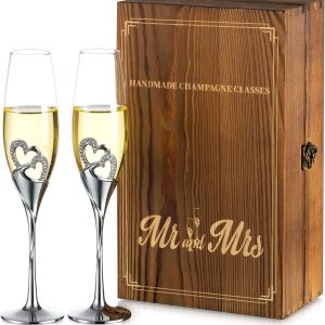 NUPTIO Champagne Flutes Glasses Wedding: Champagne Flute with Wooden Gift Box Crystal Prosecco Glass Set of 2, Silver Gift Set for Engagement Toasting Anniversary Party Bridal Showers