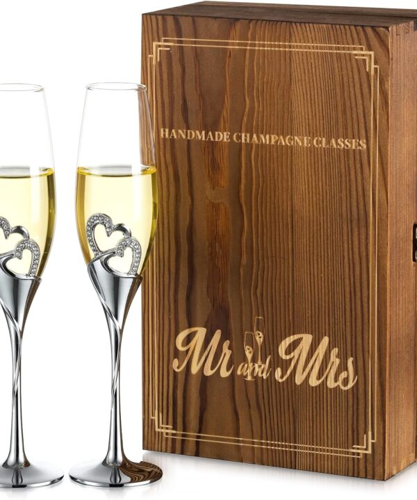 NUPTIO Champagne Flutes Glasses Wedding: Champagne Flute with Wooden Gift Box Crystal Prosecco Glass Set of 2, Silver Gift Set for Engagement Toasting Anniversary Party Bridal Showers