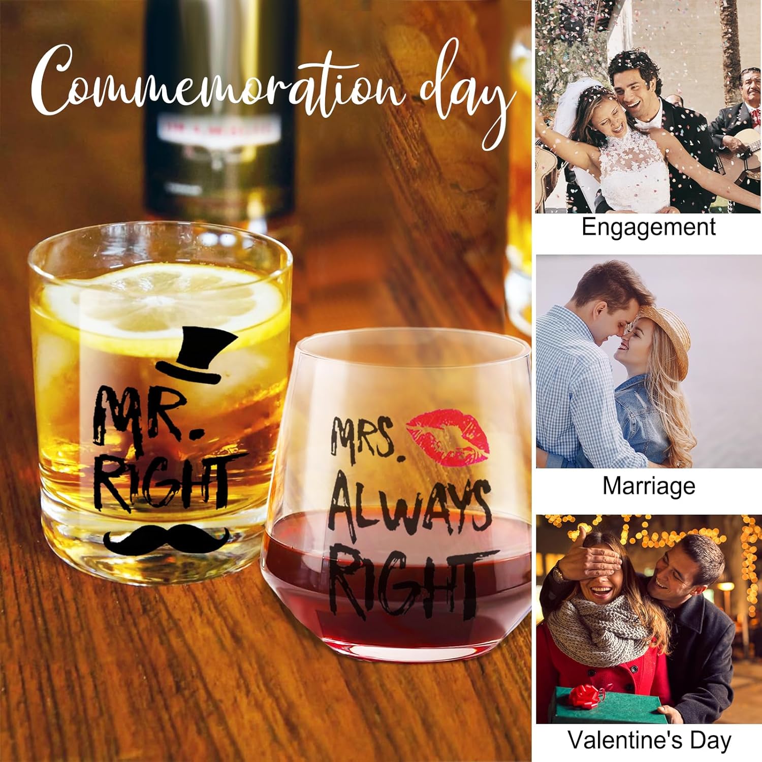 Mr. Right & Mrs. Always Right Whiskey & Wine Glasses – Funny Couple Gifts for Wedding, Anniversary, Valentine’s Day