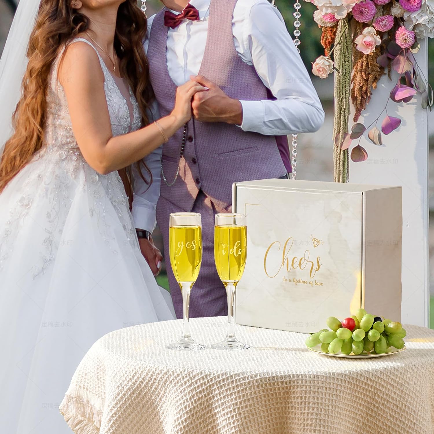 Engagement Gifts for Couples, Champagne Flutes Glass Set, Bridal Shower Wedding Gifts for Newlyweds, Wedding Registry Gift Ideas, Tall Wine Glasses with Wine Stopper and Opener, Yes I do