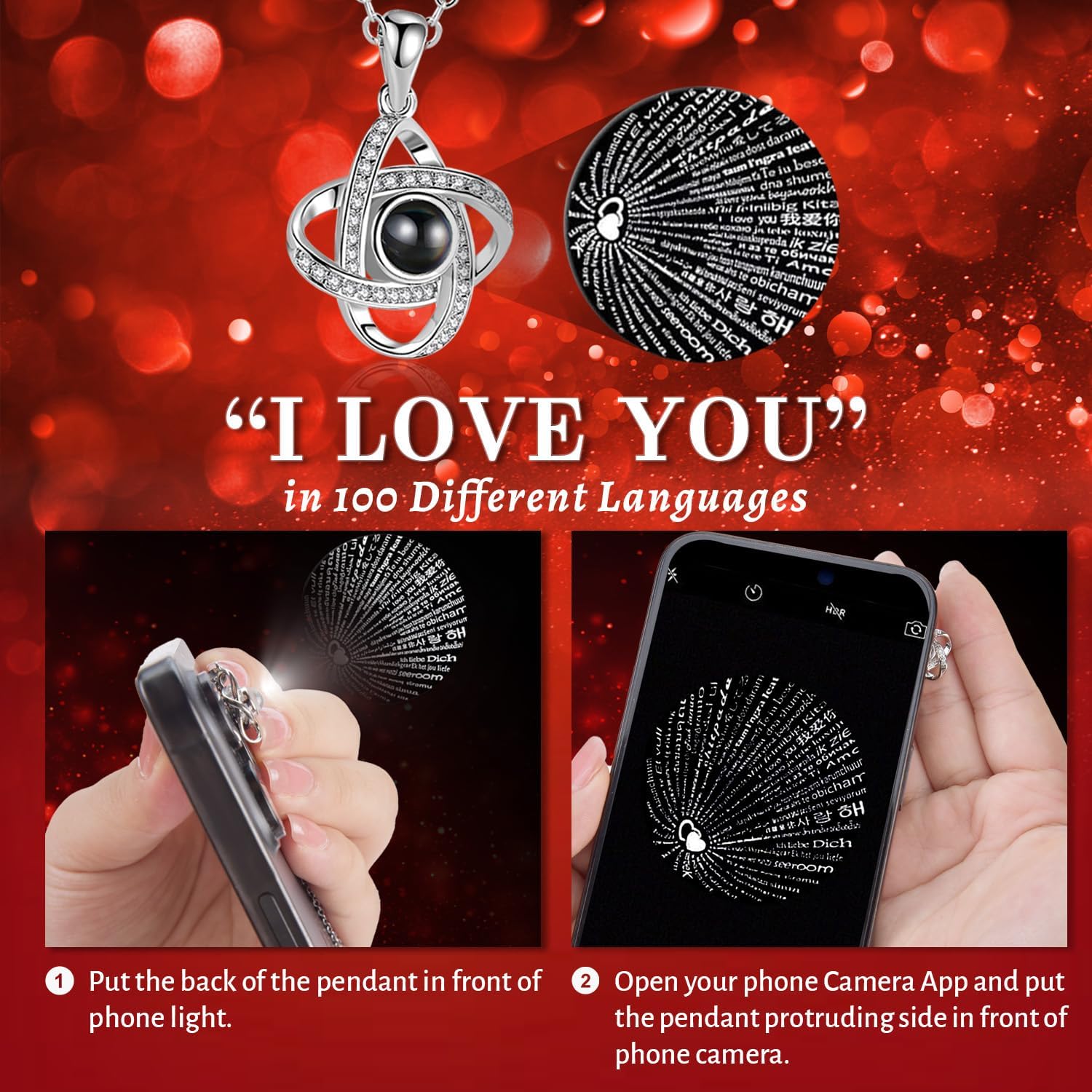 Preserved Red Real Rose with I Love You in 100 Languages Necklace,Eternal Flowers Gifts for Women Wife Girlfriend Mom Grandma on Birthday Anniversary Valentines Mothers Day Christmas,Red Rose